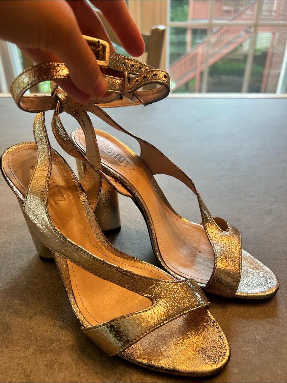 SCHUTZ Metallic Gold Block Heel Sandals